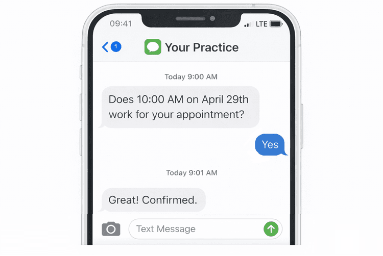 Example SMS conversation showing a patient confirming an appointment via text message